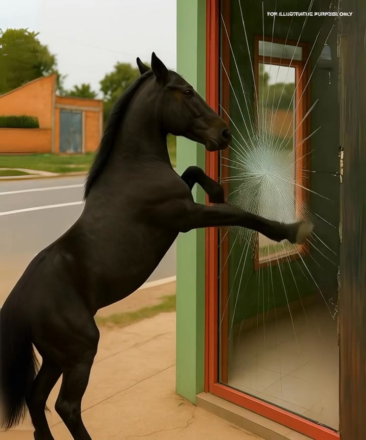 A horse kicked in the glass door of a supermarket and darted off—the shopkeeper ran after it, only to face a terrifying scene.